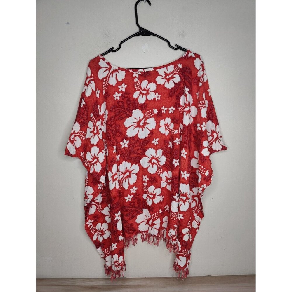 Koko Knot Pullover Swimsuit Cover Up One Size Red Hawaiian Fringe Hem Floral - Picture 3 of 7